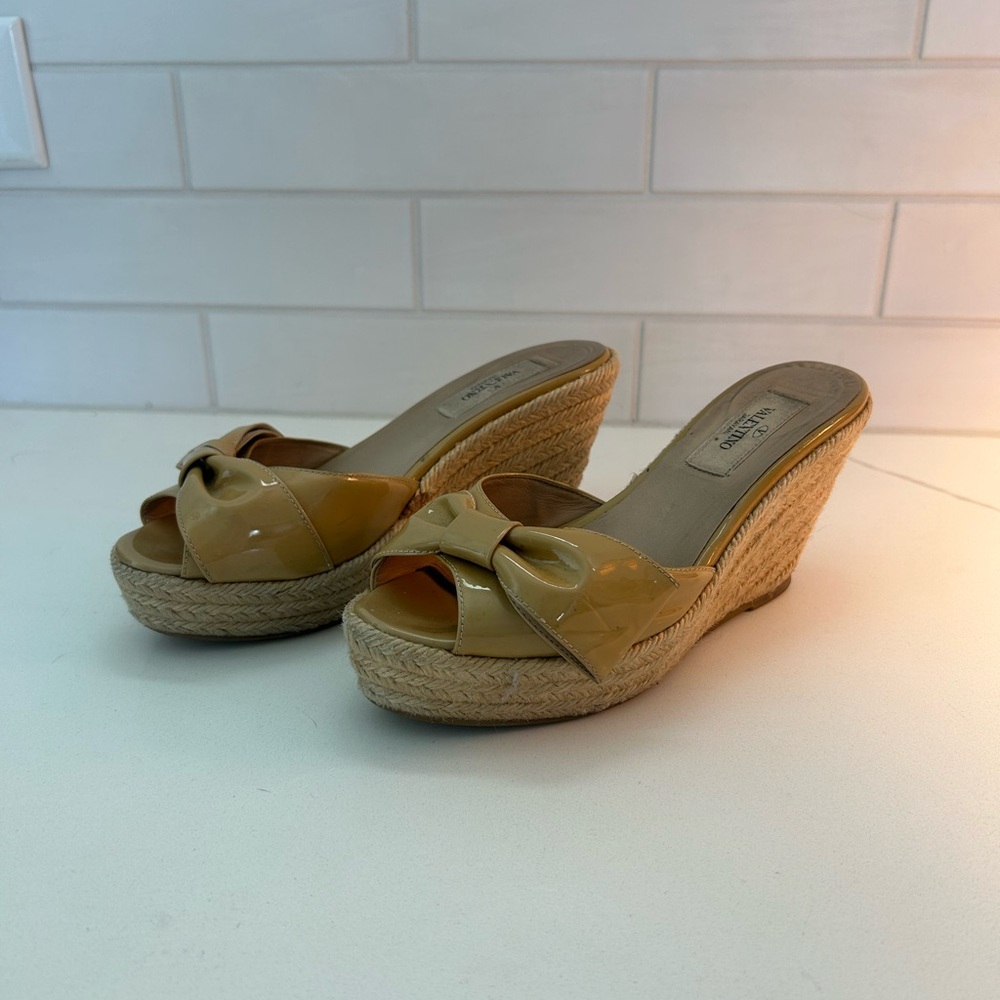 Valentino ‘Mina’ Patent Leather Bow Wedge Sandals